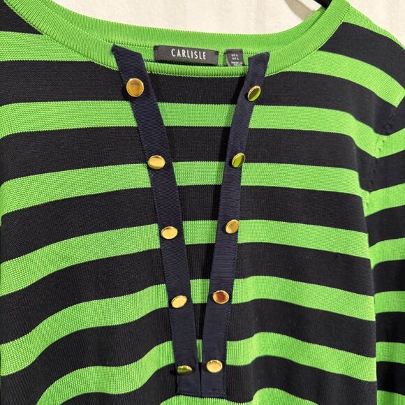 Carlisle Silk Blend Long Sleeve Green Black Stripe Women's Sweater Blouse Size L - Picture 2 of 7